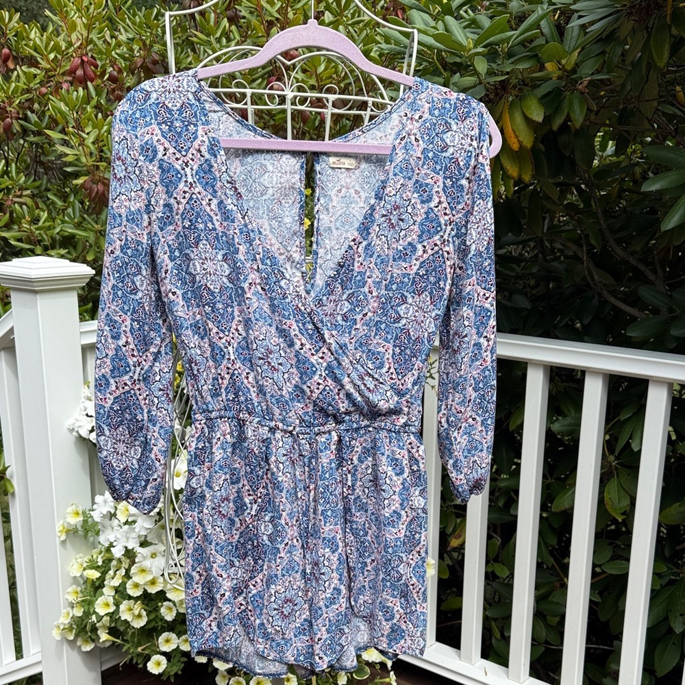 Hollister Blue and Red Patterned shorts romper